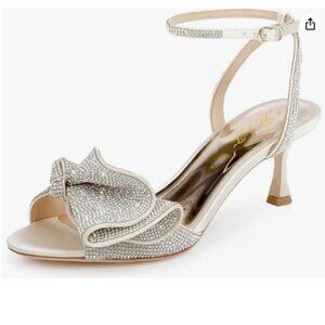FOWT Beige 'Rhinestones Bow Mid Heel Open Toe Ankle Strap Party Prom Sandals